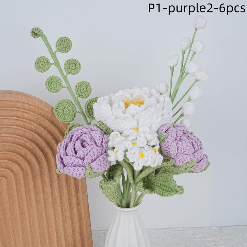 6PCS Crochet Peony Rose Bouquet & Heart Card,Handmade Knitted Flowers,Pink Peony Bouquet,Perfect Gifts for Girlfriend, Graduation P1-purple2-6pcs