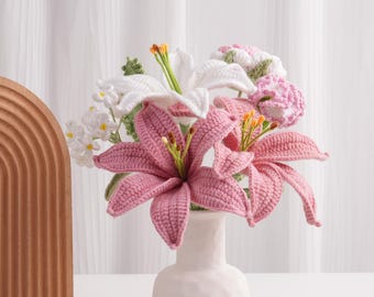 Crochet Lilies Flowers Bouquet – Rose, Carnation Flowers, 4 Styles, Handmade Yarn Flowers, Graduation Gifts