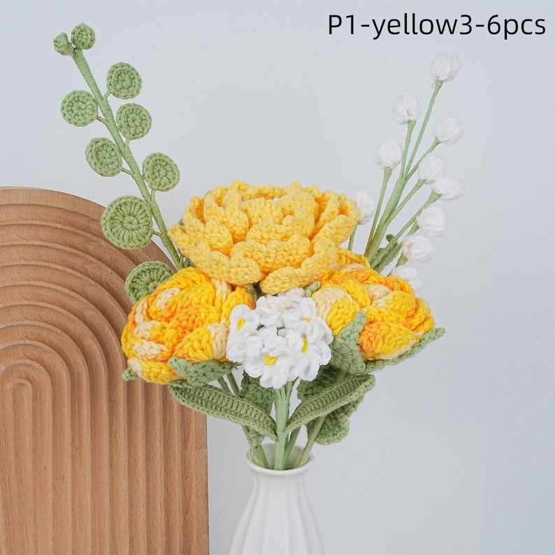 6PCS Crochet Peony Rose Bouquet & Heart Card,Handmade Knitted Flowers,Pink Peony Bouquet,Perfect Gifts for Girlfriend, Graduation P1-yellow3-6pcs