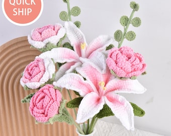 8pcs Crochet Lily Rose Flower Bouquet,Red/Pink/Blue/Purple/Yellow/Orange Bouquet,Knitted Lily Flowers,Wedding Bouquet,Graduation Gifts