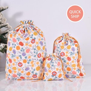Pumpkin Rabbit Flowers Gift Bag, Premium Quality Cotton Drawstring Bag, Reusable Storage Bag, Holiday Gift Wrapping
