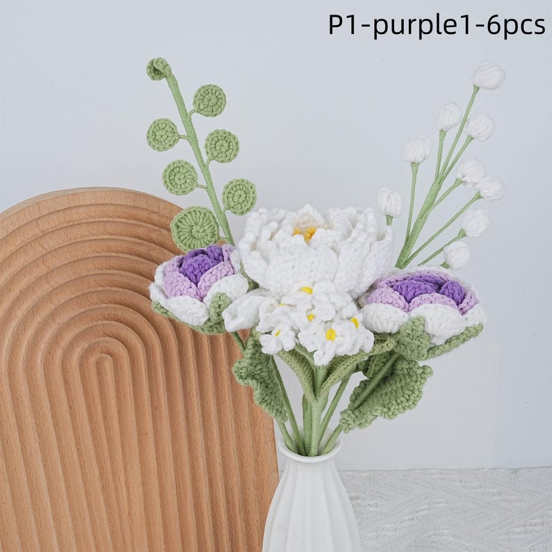 6PCS Crochet Peony Rose Bouquet & Heart Card,Handmade Knitted Flowers,Pink Peony Bouquet,Perfect Gifts for Girlfriend, Graduation P1-purple1-6pcs