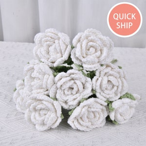 White Crochet Rose,Handmade Finished Roses with Leaves,Single Rose,Wapped for Gifts,Wedding Bouquet,Anniversary,Summer Gifts