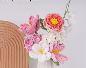 Forever Crochet Peony Flower Bouquet,Handmade Knit Peony Tulip Bouquet,Hydrangea,Lily of the valley,Home Decor,Birthday Gifts