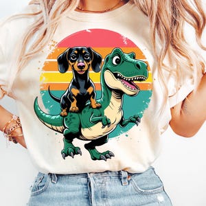 Dackel reitet Dino PNG, Retro shirt png, Dinosaurier-Liebhaber, Wursthund Geschenke, Hunde-Downloads, Doxie Mom, digitale Hunde,