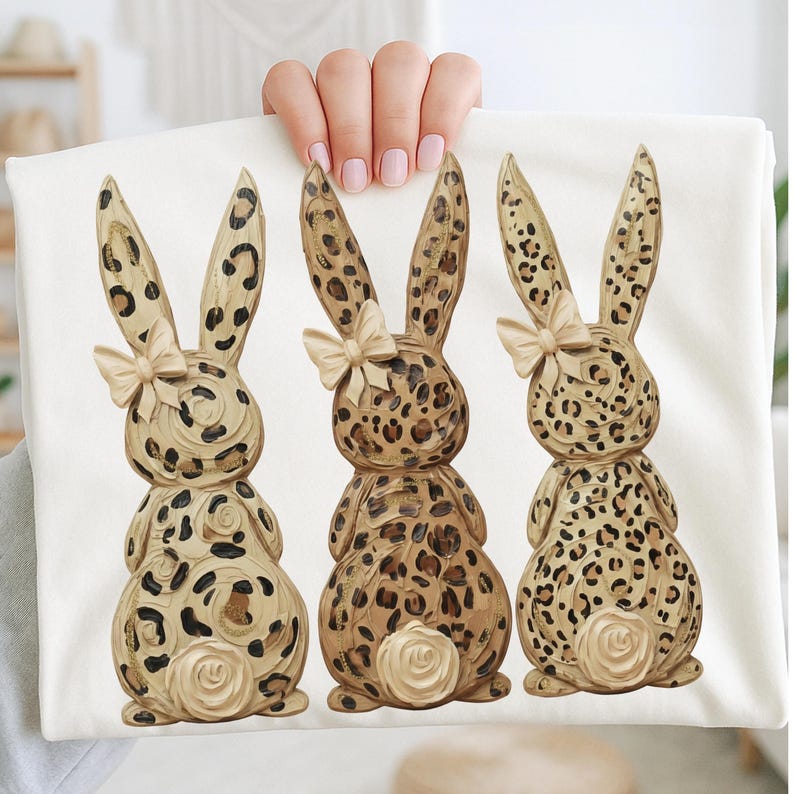 May include: A white fabric featuring three decorative bunny figures. Each bunny has a leopard print pattern in shades of brown and tan, with a cream-colored bow and a rose detail at the base. The bunnies are arranged in a row.