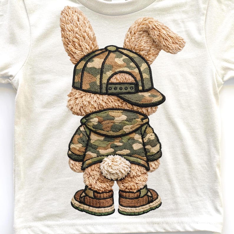 Pu&ograve; includere: T-shirt bianco con un design ricamato di un coniglietto con cappellino da baseball, giacca e scarpe mimetica. Il coniglietto ha una soffice pelliccia marrone e una piccola coda bianca. Il design &egrave; dettagliato e strutturato.