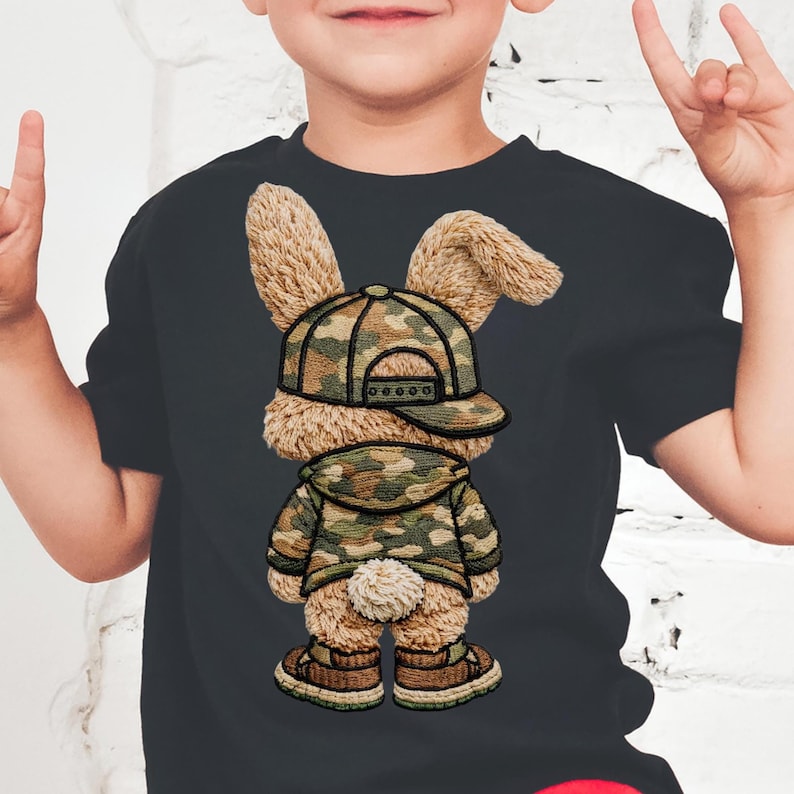 PNG di Pasqua per bambini, PNG di Pasqua mimetica, PNG di Coniglietto per bambini, Design di maglietta di Pasqua per bambini, Pasqua di caccia, PNG di filato immagine 2