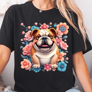 Bulldog Floral PNG,  Bulldog Mum graphic, Dog shirt png,  Floral dog tote,  Digital Bulldog