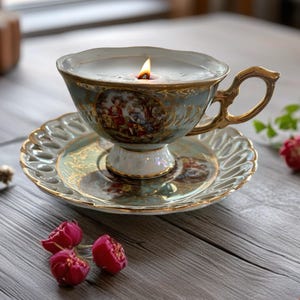 May include: A lit candle in a vintage teacup and saucer. The teacup and saucer are pale blue with gold detailing and a painted scene. The candle's flame glows above the wax. Pink flowers are scattered nearby, creating a cosy atmosphere.