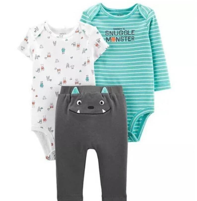 Carter’s Baby Boy Set 3 Piece Clothing Pants Shirts With Snaps Onesies Snuggle Monster New With Tags 3 months clothes 12 months