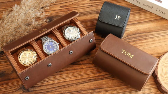 Personalized Leather Watch Case, Brown Watch Box, Travel Watch Box, Luxury Leather Watch Case Roll for 3 Watches, Gift For Him, Groom Gift