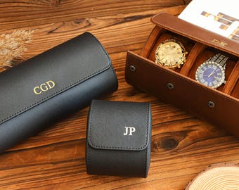 Custom Luxury Black Leather Watch Case,Personalized Travel Watch Box for Him, Travel Watch Case,Grooms Fathers Gift, Gift For Him