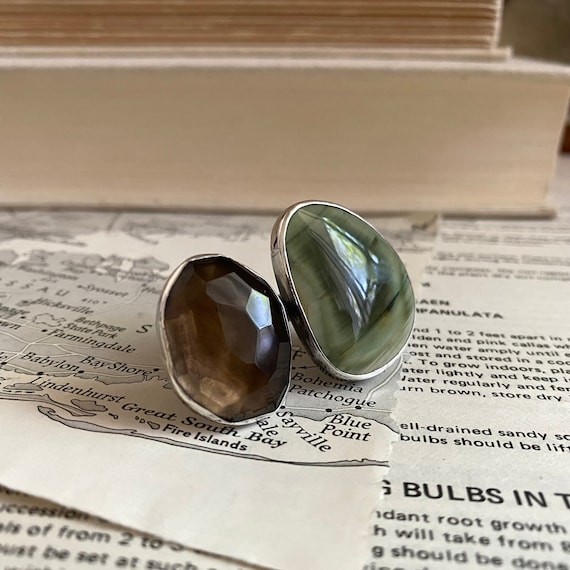 Retro Rose-cut Smokey Quartz and Green Jasper Sterling Ring - Adjustable 6.5 - 7.5 /// Slow Crafted, Hand Fabricated, OOAK Artisan Jewelry
