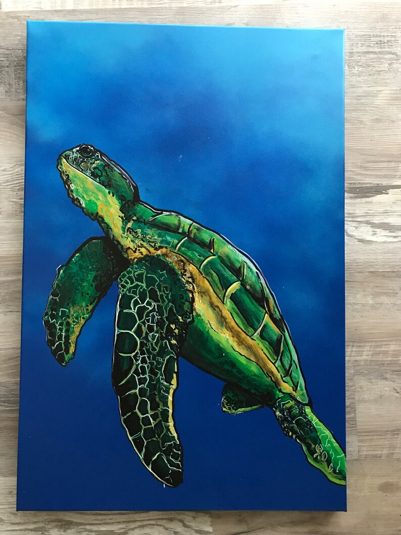May include: A green sea turtle with yellow markings swims in a blue ocean. The turtle is painted in a realistic style with detailed scales and a textured shell.