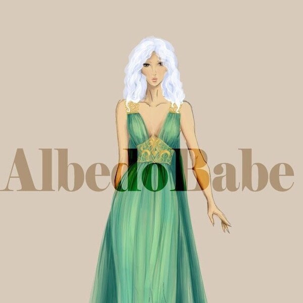 Green "Goddess" dress Fashion Illustration