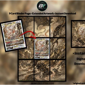 Puede incluir: Una página de archivador para 9 cartas con ilustraciones extendidas en tonos marrones y dorados. El diseño incluye una carta coleccionable de 270 HP y el texto 9 Card Binder Page - Extended Artwork - Instant Download e Instant Digital Download.