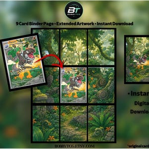 May include: A 9-card binder page featuring extended artwork of a Tyrunt character in a jungle setting. The layout includes a single card display, a grid of nine panels forming a larger scene, and text reading 9 Card Binder Page, Extended Artwork, Instant Download, and original card not included.