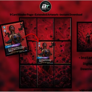 May include: A digital 9-card binder page template featuring extended artwork with a red floral theme. The layout includes a central card display with a red arrow pointing to the middle slot, text reading 9 Card Binder Page, Instant Download, and BobbyTCG.