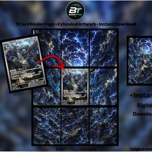 May include: A 9-card binder page featuring extended artwork with a dark, stormy sky filled with blue lightning and floating stone structures. The design includes a central trading card overlay, a sample image, and text reading 9 Card Binder Page, Extended Artwork, Instant Download, and BobbyTCG.etsy.com.