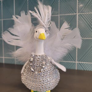Life of a Showgoose Costume – Sparkly Rhinestone & Feather Outfit for 7" Desk Goose – Handmade Glam Goose Clothes
