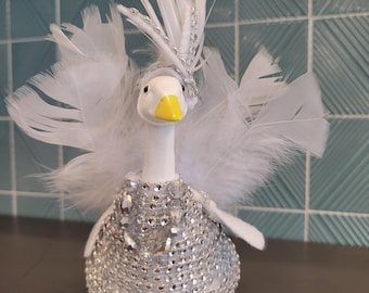 Life of a Showgoose Costume – Sparkly Rhinestone & Feather Outfit for 7" Desk Goose – Handmade Glam Goose Clothes