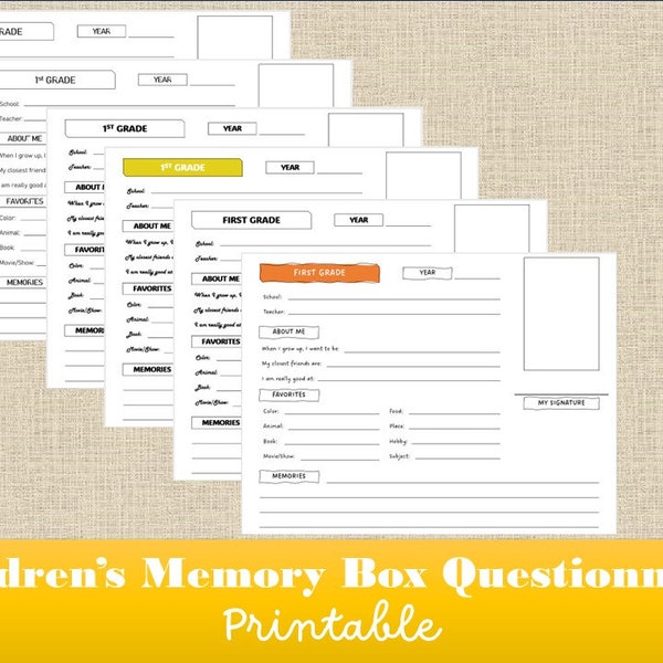 Memory Box Questionnaire l Printable Kids Interview Questions l PDF Digital Download l Children's School Filing Box