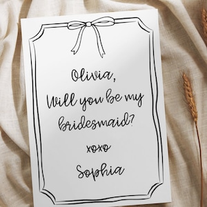 Tarjeta de propuesta de dama de honor editable / PLANTILLA CANVA personalizable Descarga instantánea / Múltiples colores / Arco de coqueta lindo y caprichoso dibujado a mano