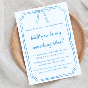Plantilla de Canva para tarjeta azul "¿Quieres ser mi algo?" / Propuesta de fiesta nupcial editable / Tarjeta de tripulación azul / Lazo elegante dibujado a mano / Descarga digital