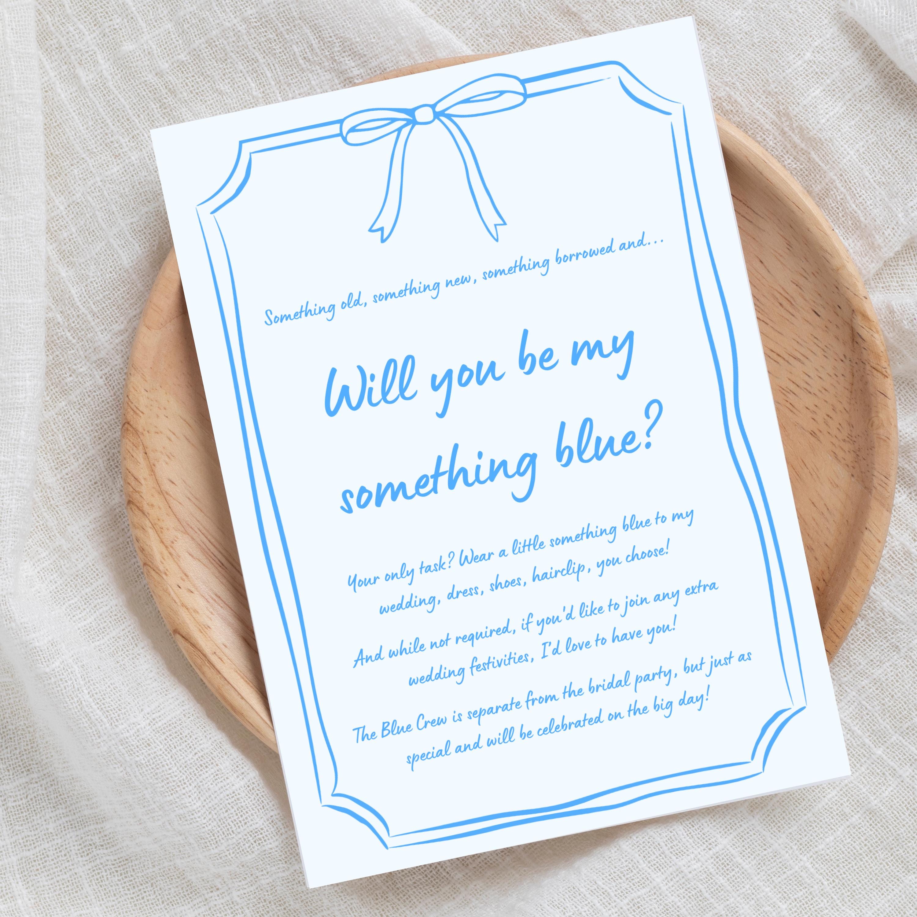 Will You Be My Something Blue Card Canva Template | Editable Bridal Party Proposal | Blue Crew Card | Chic Hand Drawn Bow | Digital Download