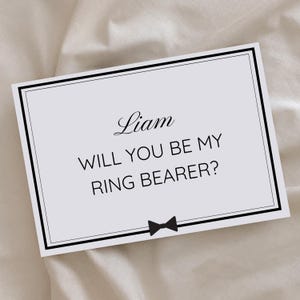 ¿Serás mi portador de anillos? Tarjeta / Plantilla editable de Canva / Diseño de pajarita elegante en blanco y negro personalizable para la propuesta de fiesta de bodas