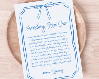 Something Blue Crew Proposal Card | Personalized Canva Template | Will You Be My Something Blue | Whimsical Handwritten Font Hand Drawn Bow