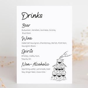 Plantilla Canva personalizable para menú de bar de bebidas de boda, descarga instantánea / Minimalista moderno / Ilustración de torre de champán dibujada a mano