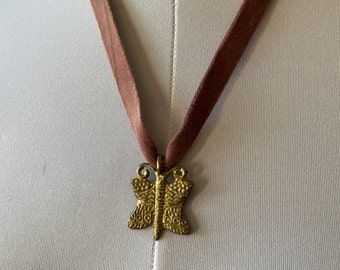 Butterfly Charm on Velvet Ribbon - Stamped Metal Golden Butterfly