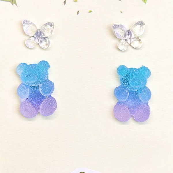 Pastel purple and blue jelly gummi bear studs, sugar effect coating