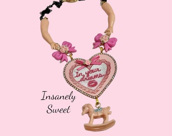 Vintage Doll Arms Parts In Your Dreams Kitschy Rocking Horse Heart Necklace