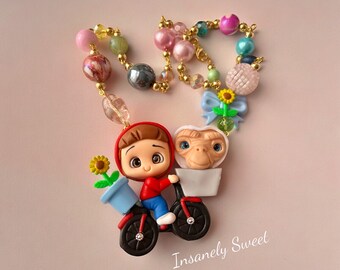 Elliott and ET Bike Flower Pot Necklace 1980s 80s Toys Movie