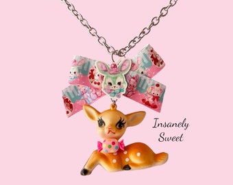 Vintage Plastic Deer Fawn Necklace Kitschy Candy Bunny