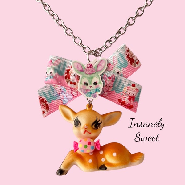 Vintage Plastic Deer Fawn Necklace Kitschy Candy Bunny