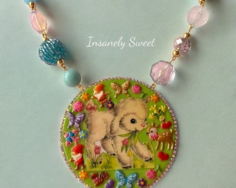 Order is on hold- reserved- please do not purchase- Gnomes in the Garden Kitchy Lamb Deer Fawn Giant Pendant Necklace