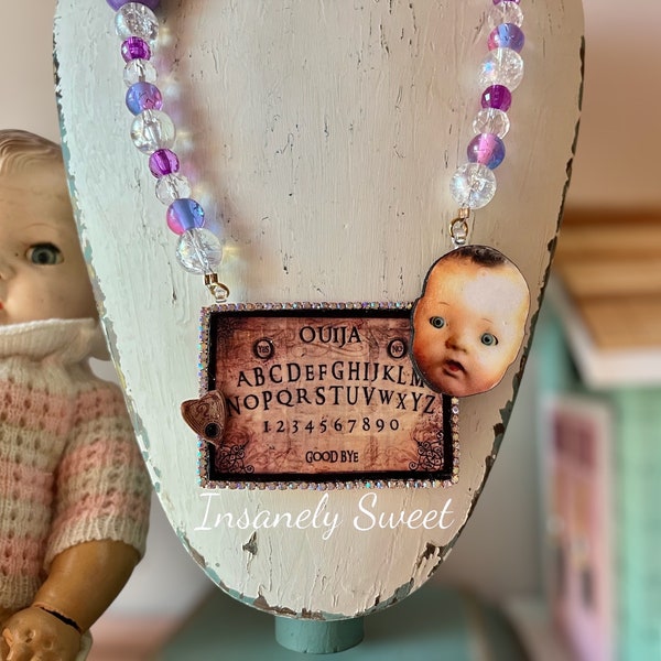 Vintage Composition Creepy  Doll Ouija Board Necklace Halloween