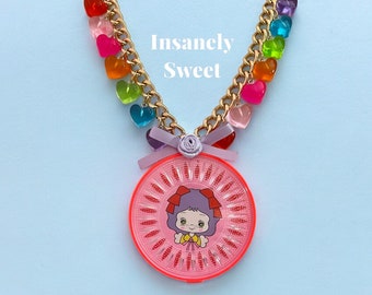 Vintage Kitschy Toy Compact Retro Image Girl Doll Heart Candy Necklace