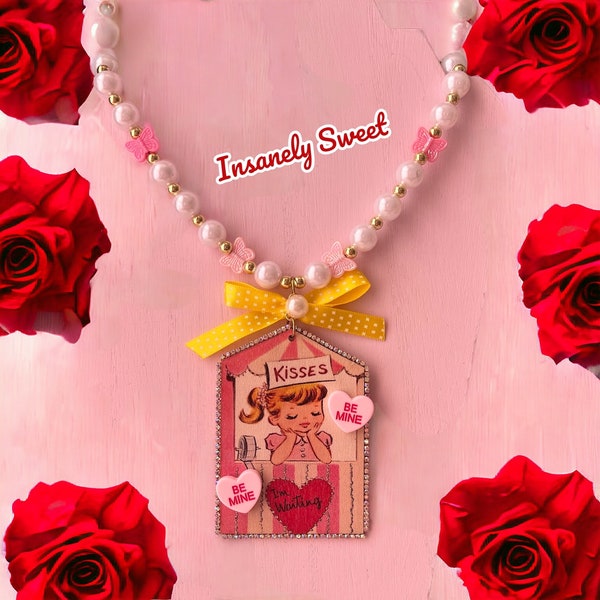 Vintage Kissing Booth Retro Girl Valentines Image Conversation Hearts Necklace