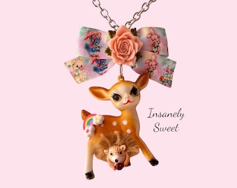 Vintage Plastic Deer Fawn Necklace Kitschy Spring Hedgehog