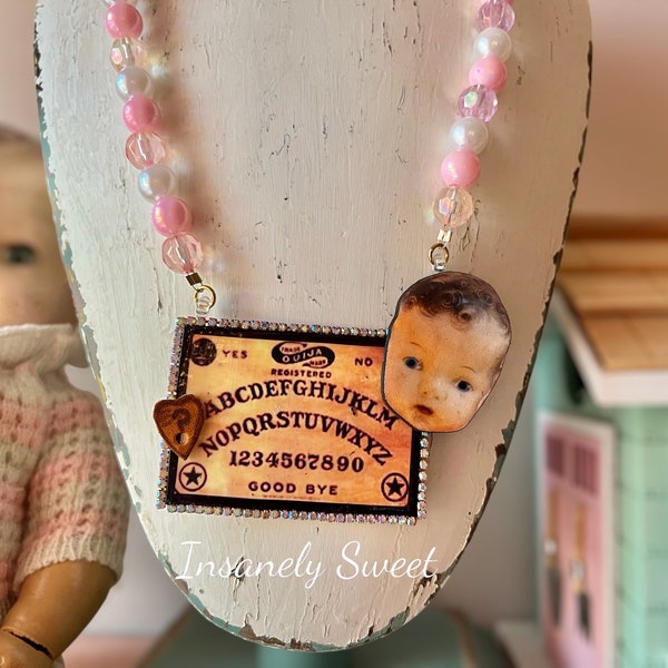 Vintage Composition Creepy  Doll Ouija Board Necklace Halloween
