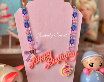 Vintage Happy Birthday Cake Necklace Vintage Style Heart Cake