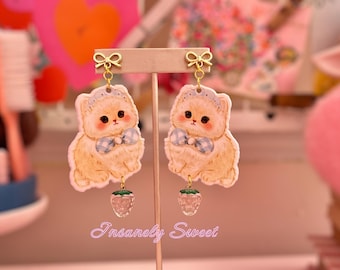 Pendientes de lazo con dije de fresa y gato blanco de gatito kawaii