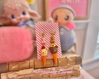 Boucles d'oreilles ours cornet de crème glacée kawaii