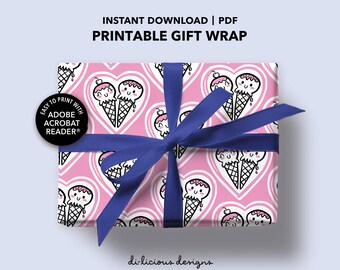 Ice Cream Wrapping Paper, Pink Hearts, All Occasion Gift Wrap, DIY Printable Gift Wrap, Instant Download PDF