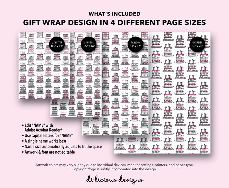 Personalized Birthday Cake Wrapping Paper, Custom Name Birthday Gift Wrap, DIY Printable Gift Wrap, Editable PDF image 3